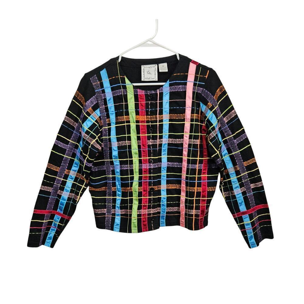 VTG 90s Michael Simon Lite Womens Cardigan Ribbon Plaid Sz Medium 100% Cotton